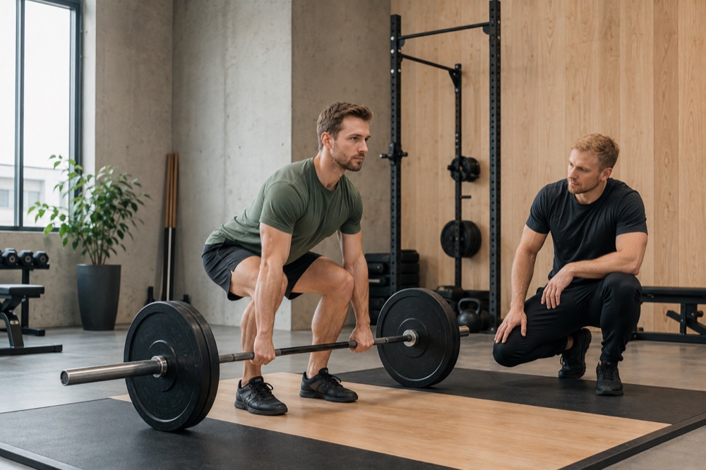 Motionist gør klar til konventionelt dødløft med vejledning fra personlig træner