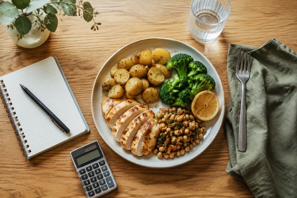 Balanceret tallerken med kartofler, grøntsager og protein ved siden af notesbog og lommeregner