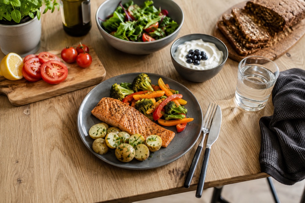 Balanceret måltid med laks, kartofler, grøntsager, rugbrød, skyr og vand