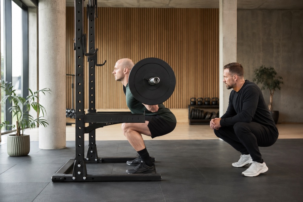 Atlet udfører barbell squat fra siden med personlig træner som observatør