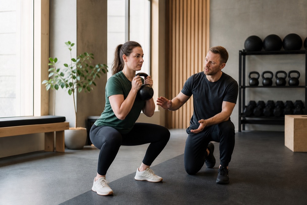 Begynder lærer goblet squat med vejledning fra en personlig træner